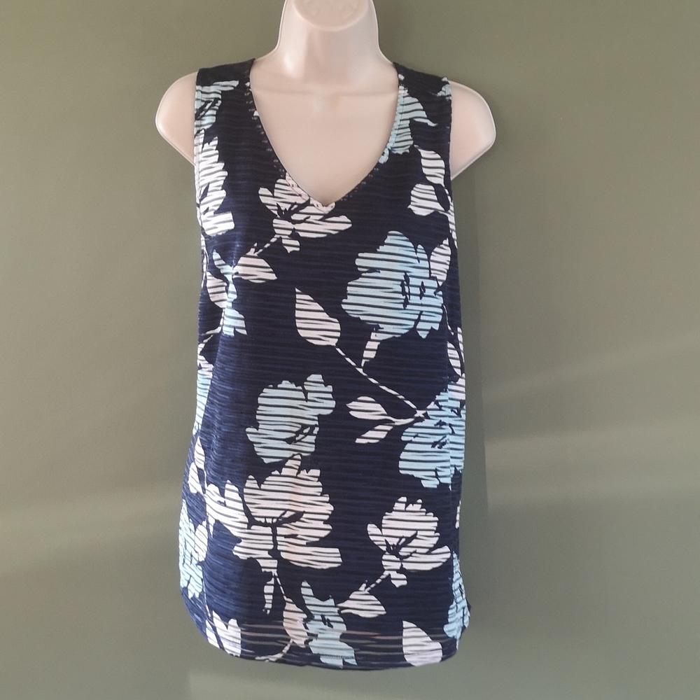 Navy Floral Pattern Semi Sheer Sleeveless Fashion Top Sz L Ricki's